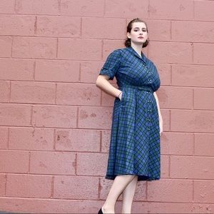 50s Navy Blue & Green Plaid Button Up Dress